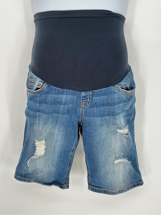 Indigo Blue Pants - Indigo Blue Distressed Denim Bermuda Maternity Shorts Size M Full Belly Panel